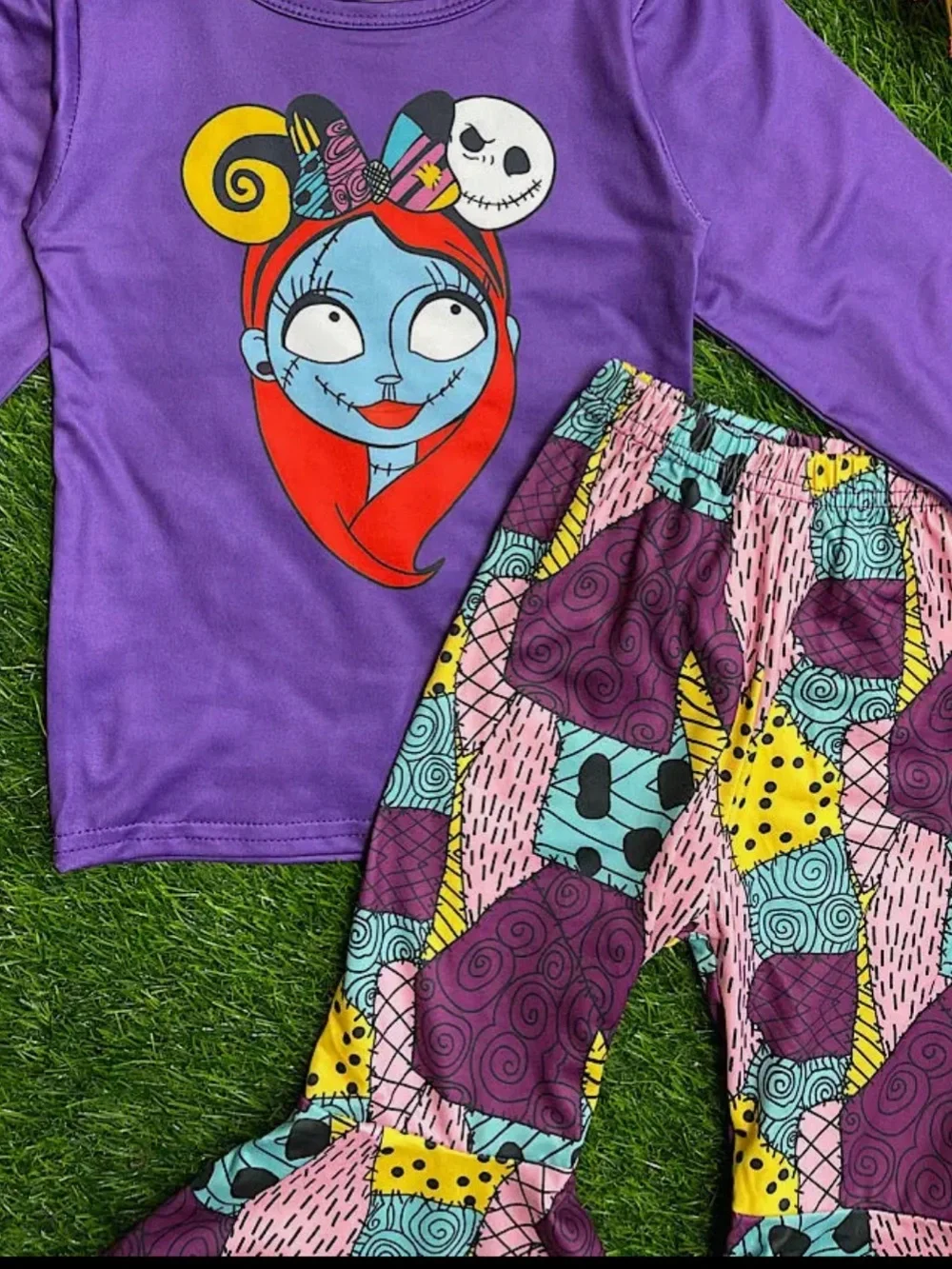 Halloween Cartoon Graphic Top & Patchwork Ruffle Pants Set NIP
